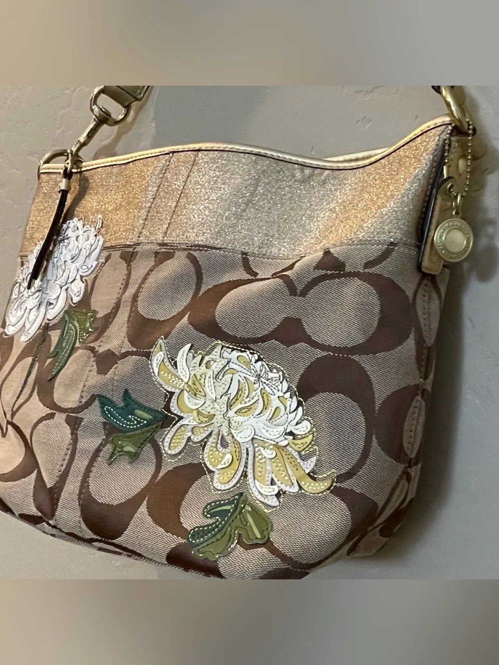Coach limited edition signature Floral Applique Shoulder gold Bag y2k hobo brown